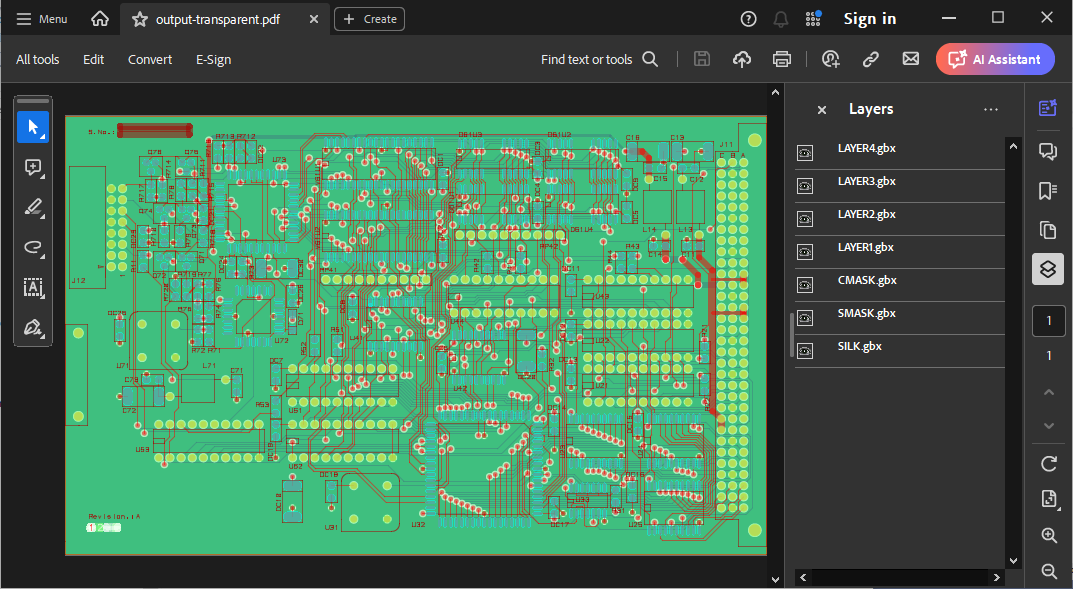 Gerber files converted to PDF with layers displayed