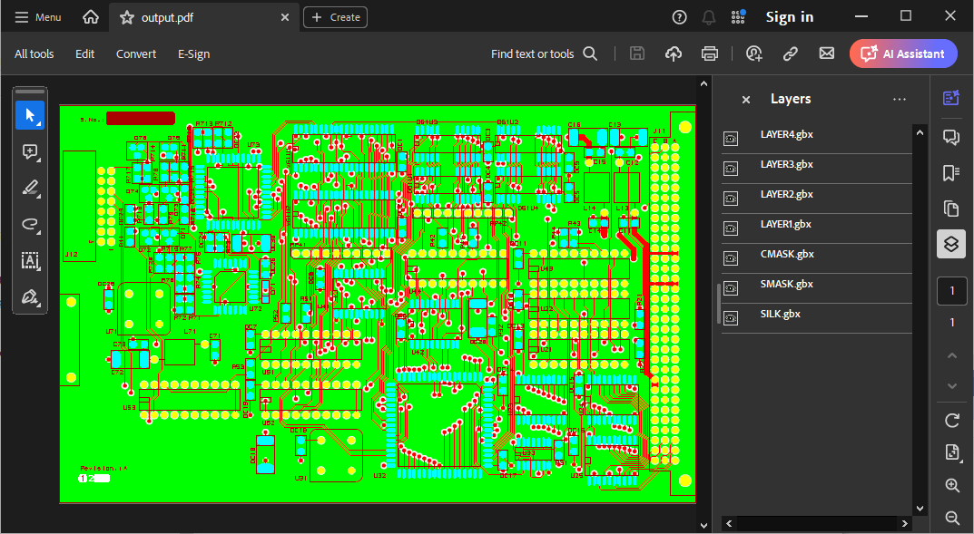 Gerber files converted to PDF with layers displayed