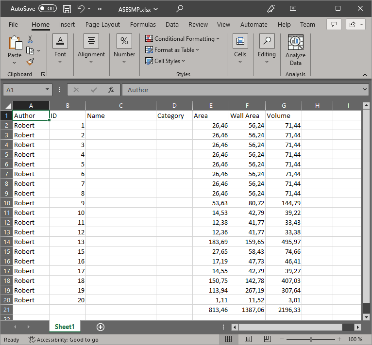 Takeoff report in Excel
