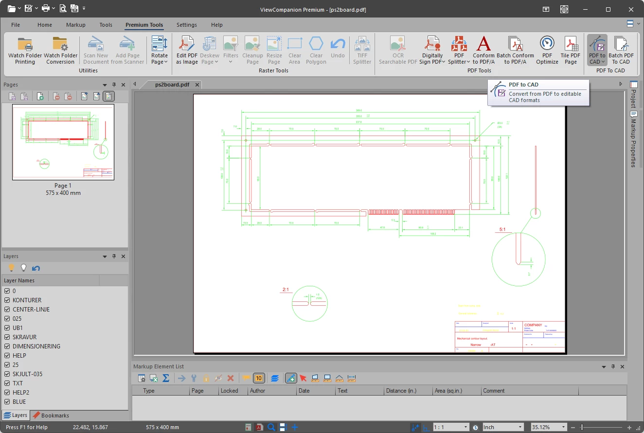 ViewCompanion Premium displaying a vector PDF ready for DWG conversion