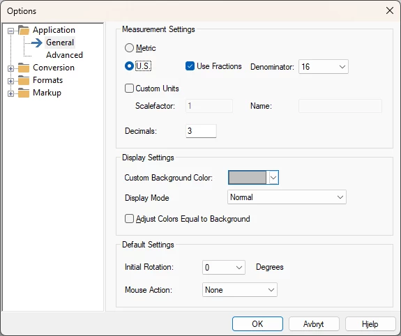 ViewCompanion General Options dialog showing Metric and U.S. measurement settings, Use Fractions, and Denominator